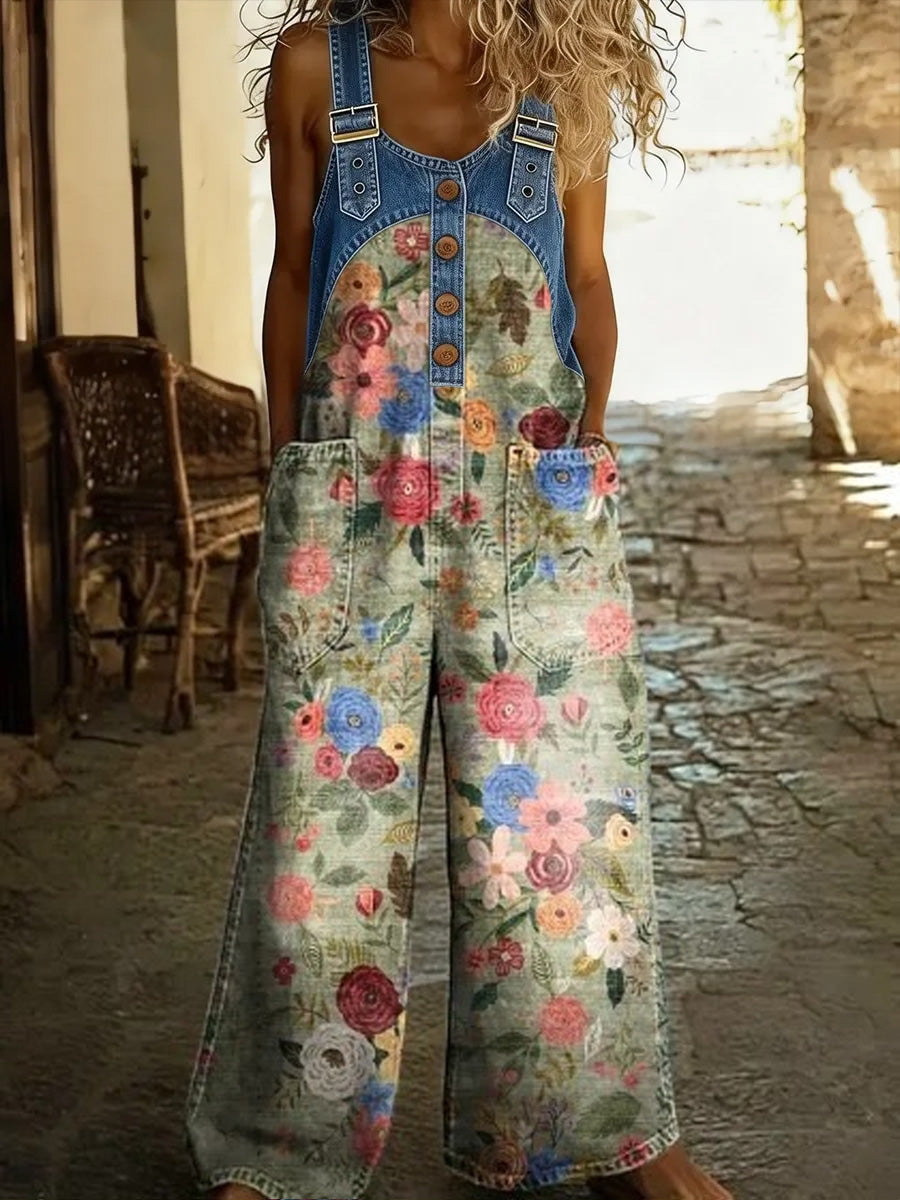 Women's Retro Floral Color-Blocked Art Print Washed Cotton Denim Patchwork Jumpsuit